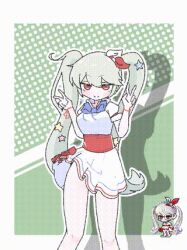 animated animated_gif bouncing_breasts bow bowtie breasts closed_eyes dancing double_v dress green_hair hair_ornament large_breasts long_hair open_mouth peace_symbol red_eyes simple_background thick_thighs thighs twintails v yoir