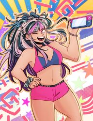 1girl ;d bikini bikini_shorts black_hair bracelet commentary danganronpa_(series) danganronpa_2:_goodbye_despair danganronpa_s:_ultimate_summer_camp ear_piercing english_commentary eyelashes face_piercing hair_horns hand_on_own_hip handheld_game_console holding holding_handheld_game_console jewelry long_hair ministarfruit mioda_ibuki mouth_piercing multicolored_hair nail_polish navel nintendo_switch one_eye_closed open_mouth outline piercing pink_bikini pink_eyes pink_hair scrunchie shorts sidelocks smile solo star_(symbol) stomach swimsuit teeth upper_teeth_only white_hair wrist_scrunchie