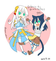 2girls animal_ears arch_bishop_(ragnarok_online) bell blue_dress blue_eyes blue_hair boots brown_boots brown_gloves brown_shirt cat_ears cat_girl cat_tail commentary_request cross dated dress full_body gloves hair_bell hair_ornament jingle_bell juliet_sleeves long_hair long_sleeves looking_at_viewer multiple_girls nayuruonline one-hour_drawing_challenge open_mouth pink_background puffy_sleeves ragnarok_online sash shirt smile super_novice_(ragnarok_online) tail thighhighs translation_request twitter_username two-tone_dress white_background white_dress white_sash white_thighhighs