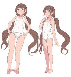1girl bare_arms bare_legs bare_shoulders barefoot blue_eyes blush breasts brown_hair closed_mouth covered_navel highres long_hair low_twintails multiple_views old_school_swimsuit one-piece_swimsuit original saiste school_swimsuit sidelocks simple_background small_breasts soles sweat swimsuit twintails very_long_hair white_background white_one-piece_swimsuit