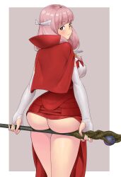 1girl :3 absurdres archived_source ass ass_support blunt_bangs blush breasts brown_eyes capelet closed_mouth commentary commission dress elbow_gloves english_commentary fingerless_gloves fire_emblem fire_emblem_fates gloves hair_ribbon highres hime_cut holding holding_staff igni_tion long_hair looking_back medium_breasts mitama_(fire_emblem) nintendo no_pants pink_hair red_capelet red_dress ribbon simple_background smile solo staff standing star-shaped_pupils star_(symbol) symbol-shaped_pupils white_gloves white_ribbon