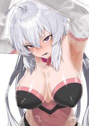 Rule 34 | 1girl, ahoge, armpits, blush, breasts, covered erect nipples, covered navel, gloves, grey hair, hair between eyes, haishima xv, highres, large breasts, leotard, long hair, looking at viewer, low twintails, open mouth, pink leotard, purple eyes, senki zesshou symphogear, shiny skin, simple background, skin tight, solo, sweat, twintails, very long hair, white background, yukine chris