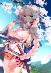 Rule 34 | 1girl, ayukawa koto, bare shoulders, belt, blue sky, braid, breasts, brown eyes, brown hair, candy, cherry blossoms, d.chikusou, flower, food, hair flower, hair ornament, highres, iris mysteria!, jewelry, katana, large breasts, long hair, looking at viewer, meme attire, miniskirt, necklace, sideboob, sideways glance, skirt, sky, sleeveless, sleeveless turtleneck, sword, turtleneck, very long hair, weapon