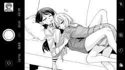 3girls bang_dream! bang_dream!_it&#039;s_mygo!!!!! between_legs closed_mouth commentary_request couch cuddling cushion fake_phone_screenshot fake_screenshot greyscale hanasakigawa_school_uniform holding_own_arm kaname_raana korean_commentary long_hair long_sleeves medium_hair monochrome multiple_girls neonfloyd on_couch parted_lips pleated_skirt sailor_collar school_uniform shiina_taki shirt short_hair skirt sleeping sleeping_on_person sweatdrop takamatsu_tomori yuri zzz