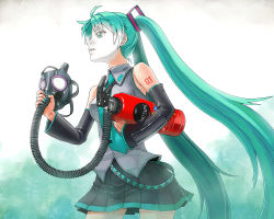1girl aqua_eyes aqua_hair bare_shoulders detached_sleeves female_focus fire_extinguisher fire_hydrant gas_mask hair_ornament hatsune_miku highres holding itou_(onsoku_tassha) long_hair mask nail_polish necktie pleated_skirt simple_background skirt solo strap tattoo tube twintails unworn_mask very_long_hair vocaloid