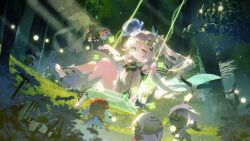 1girl aoiinu0125 aranara_(genshin_impact) bloomers cape commentary_request cross-shaped_pupils dress forest genshin_impact gold_trim grass green_cape green_eyes green_hair green_sleeves hair_ornament highres leaf_hair_ornament long_hair multicolored_hair nahida_(genshin_impact) nature on_swing outdoors pointy_ears side_ponytail sitting stirrup_footwear stirrup_legwear swing swinging swinging_on_swing symbol-shaped_pupils toeless_footwear toeless_legwear tree underwear white_bloomers white_dress white_hair