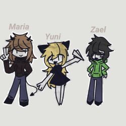 1boy 2girls animal_ears black_hair blonde_hair brown_hair bullying cat cat_ears fundamental_paper_education highres kaaatie kiffy_(artist) multiple_girls paper