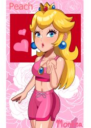 Rule 34 | 1girl, absurdres, artist name, blonde hair, blowing kiss, breasts, cleavage, half-closed eyes, heart, highres, large breasts, legs, long hair, mario (series), navel, nintendo, pink lips, princess, princess peach, puckered lips, shorts, solo, tank top, thighs