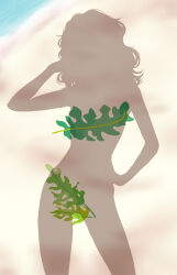 1girl amagami beach breasts commentary_request curly_hair day dressed_shadow_(meme) female_pov hand_on_own_hip highres implied_nudity leaf leaf_bra leaf_panties leaf_print medium_breasts meme messy_hair ocean outdoors panties pov print_panties sand shadow silhouette solo standing takemi_kaoru tanamachi_kaoru underwear unworn_clothes water wavy_hair