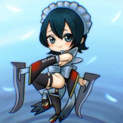 1girl aot_4000 apron bandages_over_clothes black_hair black_thighhighs blue_eyes blush breasts butterfly_swords chibi choker cleavage curvy flipped_hair frilled_leotard frills hair_ornament highres iroha_(samurai_spirits) japanese_clothes lace-trimmed_apron lace_trim large_breasts leotard looking_at_viewer maid maid_headdress maid_leotard multiple_swords revealing_clothes samurai_spirits short_hair sideboob smile snk solo standing standing_on_one_leg thighhighs thighs toeless_legwear unconventional_maid weapon wide_hips