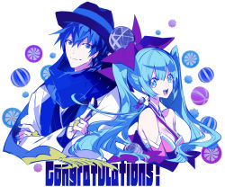 1boy 1girl aqua_eyes aqua_hair ball bare_shoulders beachball blue_eyes blue_hair blue_nails blue_scarf bow coat commentary congratulations crossed_arms detached_sleeves disco_ball dress fedora hair_bow hat hatsune_miku highres index_finger_raised japanese_clothes jewelry kaito_(vocaloid) kimono long_hair looking_at_viewer manbou_no_ane nail_polish ooedo_julia_night_(vocaloid) open_mouth ring scarf smile spiral strapless strapless_dress twintails upper_body very_long_hair vocaloid wheel white_background white_coat yukata