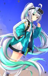 1girl absurdres ahoge bandaid bandaid_on_cheek bandaid_on_face black_skirt blue_jacket epinel_(nikke) goddess_of_victory:_nikke green_eyes green_hair head-mounted_display highres holding hood hood_down hoodie jacket long_hair multicolored_hair open_clothes open_jacket pleated_skirt ponytail puffy_short_sleeves puffy_sleeves short_sleeves skirt socks solo star_(symbol) tannyuu1229 two-tone_hair white_hair white_hoodie white_socks yellow_footwear