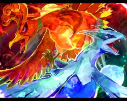 animal_focus bad_id bad_pixiv_id bird creatures_(company) fang feathers game_freak gen_2_pokemon ho-oh legendary_pokemon lugia nintendo no_humans open_mouth pokemon pokemon_(creature) red_eyes suiryuu_(starry_dorm) tsurara_neko wings
