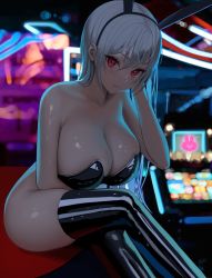 1girl animal_ears ass blush bottomless breasts casino cleavage crossed_legs embarrassed fake_animal_ears hand_on_own_face highres large_breasts latex latex_legwear latex_top leotard long_hair looking_at_viewer myabit original playboy_bunny rabbit_ears red_eyes shiny_clothes shiny_legwear shiny_skin sitting straight_hair wavy_mouth white_hair