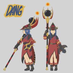 Rule 34 | 1girl, absurdres, belt, belt buckle, black trim, blue hair, boots, braid, braided bangs, breasts, buckle, cape, character name, commentary, commission, dang (runescape), duellist&#039;s cap (tier 6), english commentary, frojiros, full body, gloves, glowing hat, gold trim, hat, highres, holding, long hair, mage staff, medium breasts, old school runescape, orange eyes, original, red robe, robe, runescape, second-party source, shield, simple background, smile, spiked ear piercing, standing, thick eyebrows, weapon, wizard, yellow eyes