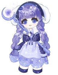 Rule 34 | 1girl, absurdres, apron, black headscarf, blue flower, blunt bangs, blunt ends, capelet, collared dress, country lolita, crescent, cross-laced clothes, cross-laced sleeves, curled horns, deformed, dress, eyelashes, floral print, flower, frilled apron, frilled sleeves, frills, full body, goat horns, hair flower, hair ornament, hair tie, happy, headscarf, highres, holding, holding staff, horns, horns through headwear, infinity nikki, lace, lace-trimmed dress, lace trim, light particles, lolita fashion, long dress, long hair, long sleeves, looking ahead, nikki (series), open mouth, pastoral dance (infinity nikki), puffy long sleeves, puffy sleeves, purple apron, purple dress, purple eyes, purple hair, purple shoes, purple theme, rose print, shoes, simple background, sleeves past wrists, smile, solo, sparkle, staff, standing, tareme, very long hair, waist apron, white background, white capelet, white horns, zhizhizhizhizhizong