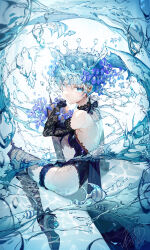 1girl absurdres anemone_(flower) backless_leotard bare_back black_leotard blue_eyes blue_hair breasts crown elbow_gloves fish flower frilled_thigh_strap gloves hair_flower hair_ornament highres lace lace_gloves leotard liquid_hair looking_at_viewer medium_breasts negimapurinn original solo strapless strapless_leotard thigh_strap thighhighs water