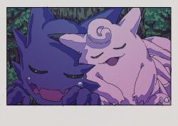 Rule 34 | border, clefable, closed eyes, disembodied hand, fangs, gen 1 pokemon, ghost, haunter, highres, leaning on person, nintendo, no humans, onamuzi illust, open mouth, outdoors, pokemon, pokemon (creature), pokemon focus, skin fangs, sleeping, tongue, tree, white border