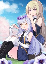2girls :d assault_lily bare_shoulders behind_another black_boots black_pantyhose blonde_hair blue_shirt blue_skirt blunt_bangs blurry blurry_foreground blush boots breasts cherry_blossoms closed_mouth collared_shirt commentary_request commission day detached_sleeves elbow_gloves falling_petals feet_out_of_frame fingerless_gloves fingernails flower flower_wreath gloves grey_hair hand_on_own_knee hands_up head_wreath holding holding_hands holding_wreath interlocked_fingers knee_boots kneeling knees_up kon_kanaho lace-up_boots long_hair looking_at_another looking_down looking_to_the_side looking_up medium_breasts miniskirt miyagawa_takane morugen multiple_girls odaiba_girls_high_school_uniform on_ground open_mouth outdoors pantyhose petals pleated_skirt purple_eyes purple_flower school_uniform shirt short_sleeves sidelocks sideways_glance sitting skeb_commission skirt sleeveless sleeveless_shirt smile thighhighs tree two-tone_shirt very_long_hair white_gloves white_shirt white_thighhighs wide_sleeves yellow_eyes yuri