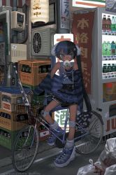 1girl absurdres air_conditioner ankle_socks banner bare_shoulders baseball_bat belt bicycle black_belt black_hair black_skirt blood bloody_weapon blue_hair blue_shoes blunt_bangs coca-cola commission cross crossdressing eating flat_tire frilled_skirt frills full_body grey_eyes hair_between_eyes hair_ornament highres internet_explorer jacket knee_pads lantern long_hair long_sleeves looking_at_viewer looking_to_the_side metal_baseball_bat miniskirt multicolored_hair multicolored_shoes nobori off_shoulder original outdoors paper_lantern partially_translated print_tank_top purple_skirt ribbed_socks riding riding_bicycle scar scar_on_arm scar_on_leg self-harm shoes sidelocks skeb_commission skirt skull_and_crossbones socks soda_bottle solo spiked_footwear spikes sprite_(drink) sticker straight_hair striped_clothes striped_jacket studded_belt studded_footwear tank_top translation_request trap trash_bag twintails twitter_username two-tone_hair two-tone_skirt utility_pole vehicle vending_machine very_long_hair virtual_youtuber weapon white_shoes white_socks winged_footwear x_hair_ornament yakito_lulu