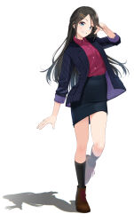 1girl absurdres ankle_boots black_hair black_jacket black_skirt black_socks blue_eyes boots braid breast_pocket brown_boots buttons collared_shirt commentary_request grin highres idolmaster idolmaster_shiny_colors jacket kneehighs knees legs long_hair long_sleeves looking_at_viewer mitsumine_yuika open_clothes open_jacket pencil_skirt pocket puriketsu_corgy red_shirt shirt simple_background skirt smile socks solo standing standing_on_one_leg striped_clothes striped_jacket teeth thighs vertical-striped_clothes vertical-striped_jacket very_long_hair white_background