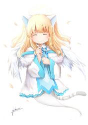 Rule 34 | 1girl, animal ears, artist name, blush stickers, cat ears, cat girl, cat tail, closed eyes, closed mouth, dress, emil chronicle online, ghost girl, ghost tail, highres, light smile, nekomata, nekomata shiro, tail, two side up, white background, white dress, white wings, wings, yukuri