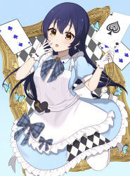 Rule 34 | 1girl, absurdres, alice&#039;s adventures in wonderland, alice (alice in wonderland), alice (alice in wonderland) (cosplay), apron, blue background, blue bow, blue butterfly, blue dress, blue hair, blue ribbon, blush, bow, bug, butterfly, card, checkered background, commentary request, cosplay, dress, earrings, gloves, heart, highres, insect, jewelry, key, long hair, looking at viewer, love live!, love live! school idol project, neck ribbon, open mouth, ozawasan0930, plaid bow, plaid ribbon, playing card, ribbon, solo, sonoda umi, white apron, white gloves