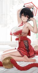 1girl absurdres animal_ear_fluff animal_ears arm_up armpits bare_arms bare_legs bare_shoulders barefoot black_hair blue_archive breasts clenched_hands cropped_shirt feet highres large_breasts legs looking_at_viewer open_mouth panda_ears panda_girl purple_eyes red_sailor_collar red_skirt sailor_collar shirt short_hair sideboob sitting skirt sleeveless sleeveless_shirt soles solo songchuan_li stretching toes tsubaki_(blue_archive) underboob wariza white_shirt