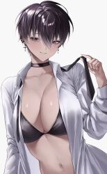 1girl black_bra black_choker black_necktie bra breasts brown_eyes brown_hair choker cleavage collarbone collared_shirt commentary cross cross_earrings dress_shirt ear_piercing earrings highres holding_necktie jewelry large_breasts looking_at_viewer mole mole_under_eye navel necktie open_clothes open_shirt original parted_lips piercing shirt short_hair simple_background smile solo symbol-only_commentary ulularts underwear undone_necktie upper_body white_background white_mouth white_shirt