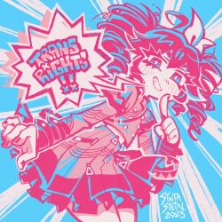 Rule 34 | 1girl, 2025, ahoge, arm at side, artist name, blue background, blue eyes, bow, bright pupils, buttons, commentary request, cowboy shot, double-breasted, double-parted bangs, drill hair, finger to own chin, flat chest, from below, grey jacket, grey skirt, grin, hair between eyes, hair bow, hand up, index finger raised, jacket, kasane teto, kasane teto (sv), layered sleeves, leaning forward, limited palette, long sleeves, looking at viewer, medium hair, midriff, musical staff, musical staff print, nail polish, pink hair, pink nails, portuguese commentary, short over long sleeves, short sleeves, shoulder belt, shoulder boards, sintastein, skirt, smile, solo, speech bubble, standing, synthesizer v, transgender day of visibility, transgender flag, turtleneck, turtleneck jacket, twin drills, two-tone background, utau, white background, white bow, white pupils