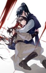2boys black_hair black_hanfu blood brown_hair chinese_clothes closed_eyes crying earrings gzgzmym hanfu high_ponytail highres hug injury jewelry long_hair long_sleeves male_focus multiple_boys ponytail quan_yizhen robe tassel tianguan_cifu wavy_hair wide_sleeves yellow_hanfu yin_yu