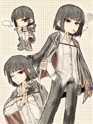 1girl black_coat black_gloves black_hair black_pants bob_cut cigarette coat coat_on_shoulders collared_shirt gloves highres june_blues limbus_company long_sleeves looking_at_viewer multiple_views pants project_moon red_eyes ryoshu_(project_moon) shirt short_hair simple_background smoking solo standing upper_body white_background white_shirt
