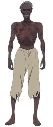 Rule 34 | anime coloring, balding, barefoot, blue hair, colored skin, exposed bone, full body, looking at viewer, male focus, no eyes, nozomanu fushi no boukensha, official art, pants, rentt faina, ribs, sano takao, short hair, simple background, solo, standing, teeth, topless male, transparent background, undead, yellow pants, zombie
