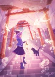 Rule 34 | black cat, boots, bubble, cat, cherry blossoms, fish, goldfish, hat, highres, holding, holding lantern, lantern, long hair, looking at viewer, looking back, no lineart, original, outdoors, purple hair, sawayuki3, skirt, stairs, standing, torii, witch hat
