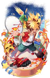 1boy amanogawa_ryuusei artist_name bag_of_chips belt belt_buckle belt_pouch blonde_hair blue_shorts brown_belt brown_eyes brown_hair brown_hat buckle building candy_wrapper child chips_(food) clenched_hand collared_jacket commentary fire food hat hercules_beetle highres jacket jinzou_konchuu_kabutoborg_vxv kuroda_(kuro_yyy) looking_at_viewer male_focus mask meteor open_clothes open_jacket open_mouth outstretched_arm pouch red_jacket red_shoes rock shirt shoes shop short_hair shorts signature sky skyscraper sneakers solo sparkle standing star_(sky) star_(symbol) starry_sky tachometer tomcat_red_beetle_(kabutoborg) tornado toy toy_car tree unworn_mask white_shirt window wristband