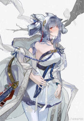 1girl arknights breasts chinese_commentary closed_mouth commentary_request cowboy_shot dress facial_mark forehead_mark grey_hair grey_shawl hair_ornament highres infection_monitor_(arknights) long_hair looking_at_viewer medium_breasts off_shoulder official_alternate_costume pantyhose ptilopsis_(amongst_the_clouds)_(arknights) ptilopsis_(arknights) red_eyes shawl snowing solo standing white_dress white_pantyhose you_zhiqi_de