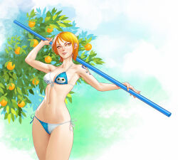 Rule 34 | 1girl, arm tattoo, artist name, bare shoulders, bikini, bikini top only, breasts, closed mouth, commentary, english commentary, flower, food, fruit, hair flower, hair ornament, hibiscus, highres, holding, holding polearm, holding staff, holding weapon, large breasts, mandarin orange, midriff, mole, mole on breast, nami (one piece), navel, one piece, orange eyes, orange hair, outdoors, polearm, short hair, side-tie bikini bottom, smile, solo, staff, suddakka, swimsuit, tattoo, variant set, weapon