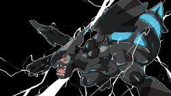 black_background blacknirrow colored_sclera commentary electricity english_commentary game_freak gen_5_pokemon highres legendary_pokemon nintendo no_humans open_mouth pokemon pokemon_(creature) red_sclera sharp_teeth teeth white_eyes wings zekrom
