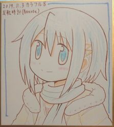 1girl artist_name bad_id bad_twitter_id blue_eyes blue_hair blue_scarf blush closed_mouth coat dated fur_trim hair_ornament hairclip mahou_shoujo_madoka_magica miki_sayaka reverse_(bluefencer) scarf shikishi short_hair smile solo traditional_media upper_body winter_clothes