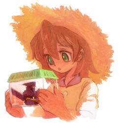 Rule 34 | 1boy, 1girl, asagi marin, box, brigadoon, brown hair, bug cage, green eyes, hair between eyes, hat, holding, in box, in container, looking at another, lowres, melan blue, mini person, miniboy, open mouth, short hair, simple background, straw hat, white background, yuza