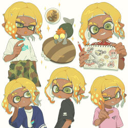 1boy absurdres black_shirt blonde_hair blue_haori camouflage camouflage_pants child&#039;s_drawing collared_shirt dark-skinned_male dark_skin eyebrow_cut golden_egg_(splatoon) gradient_hair green_eyes green_pants grin hand_on_own_face haori heavy_splatling_(splatoon) highres holding holding_pencil holding_sketchbook inkling inkling_boy inkling_player_character japanese_clothes male_focus multicolored_hair multiple_views nintendo orange_hair pants pencil pink_shirt pointy_ears red_shirt salmonid shirt short_hair sketchbook smallfry_(splatoon) smile splatoon_(series) surume01417 tentacle_hair thick_eyebrows white_background white_shirt