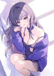 1girl absurdres bra braid breasts cardigan chest_tattoo choker ear_piercing earrings eyeshadow frilled_choker frills hair_ornament hair_scrunchie hell_fuuna highres jewelry light_smile looking_at_viewer makeup medium_breasts meloco_kyoran multicolored_hair multiple_earrings nail_polish nijisanji nijisanji_en piercing pink_eyes pink_eyeshadow purple_bra purple_cardigan purple_eyeshadow purple_hair purple_nails purple_socks scrunchie side_braids socks spider_web_tattoo split-color_hair streaked_hair tattoo underwear