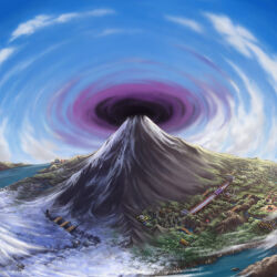 Rule 34 | absurdres, artist request, blue sky, bridge, building, cloud, day, highres, mountain, mt. coronet, nintendo, no humans, official art, outdoors, pokemon, pokemon dppt, pokemon platinum, portal (object), scenery, sky, snow, third-party source, tree, water, wind turbine, windmill