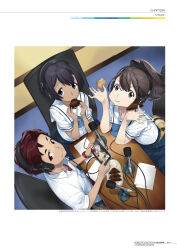 Rule 34 | 1boy, 2girls, :t, ahoge, belt pouch, black hair, blue bow, bow, brown eyes, brown hair, chair, chest bow, chewing, chuo tanegashima high school uniform, collarbone, collared shirt, cookie, crop top, crumbs, daitoku junna, dark-skinned female, dark skin, desk, eating, elbows on table, food, food in mouth, from above, fukuda tomonori, furrowed brow, grey eyes, hair bun, headphones, highres, holding, holding food, holding tablet pc, indoors, long hair, looking at viewer, looking up, microphone, miniskirt, multiple girls, official art, open collar, paper, plate, pleated skirt, pouch, radio, red eyes, red hair, robotics;notes, school uniform, screen, senomiya akiho, serafuku, shirt, short hair, short sleeves, skirt, smile, studio, t-shirt, tablet pc, watch, white shirt, wide-eyed, wristwatch, yashio kaito