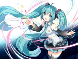 1girl :d aqua_eyes aqua_hair blue_background collared_shirt cupping_hand dated detached_sleeves floating_hair gradient_background hair_tie happy_birthday hatsune_miku leaning_forward light_trail long_hair musical_note nardack necktie open_mouth pleated_skirt shirt skirt sleeveless sleeveless_shirt smile solo standing thighhighs twintails twitter_username vocaloid w_arms white_background zettai_ryouiki