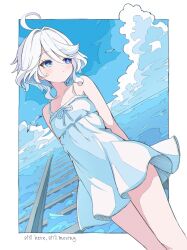 1girl ahoge arms_behind_back bare_arms bare_shoulders blue_eyes blue_pupils blue_sky blush border closed_mouth cloud collarbone commentary cowboy_shot cumulonimbus_cloud day dress english_text furina_(genshin_impact) genshin_impact hair_between_eyes hashtag-only_commentary heterochromia highres looking_to_the_side medium_hair outdoors outside_border purple_eyes purple_pupils sasanekomaru sky sleeveless sleeveless_dress solo standing white_border white_dress white_hair