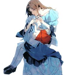 2girls bang_dream! bang_dream!_it&#039;s_mygo!!!!! black_gloves black_ribbon blue_hair blue_shirt brown_hair chinese_commentary closed_eyes commentary_request e-fa-dorn gloves hair_ribbon highres hug invisible_chair long_hair multiple_girls nagasaki_soyo oblivionis_(bang_dream!) off_shoulder open_mouth red_shirt ribbon school_uniform shirt sidelocks simple_background sitting togawa_sakiko tsukinomori_school_uniform unworn_shirt white_background yuri