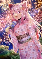 1girl :d aerial_fireworks commentary_request commission fireworks floral_print flower hair_between_eyes hair_flower hair_intakes hair_ornament hand_fan holding indie_virtual_youtuber japanese_clothes kimono kou_hiyoyo long_hair long_sleeves night night_sky obi open_mouth outdoors paper_fan pink_hair pink_kimono print_kimono purple_eyes red_flower sash skeb_commission sky smile solo star_(sky) starry_sky uchiwa very_long_hair virtual_youtuber white_flower wide_sleeves yellow_flower yukine_otosuzu