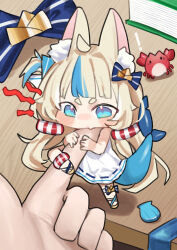 Rule 34 | !, 1girl, 1other, absurdres, ahoge, animal, animal ear fluff, animal ears, anklet, bare arms, biting, biting another&#039;s finger, biting finger, blonde hair, blue bow, blue eyes, blue streaks, blue tail, blush, book, bow, cat ears, closed mouth, crab, desk, dress, fins, fish girl, fish tail, hair bow, hair ornament, highres, hikimayu, indie virtual youtuber, jewelry, leg lock, lifebuoy hair ornament, lifted by tail, long hair, looking down, low twintails, mini person, minigirl, mucheng, multicolored hair, on desk, one side up, pov, pov hands, sameko saba, sandals, seashell, shell, short dress, short eyebrows, shout lines, sitting, size difference, sleeveless, sleeveless dress, standing, standing on one leg, streaked hair, tail, tail raised, thigh strap, twintails, unworn bow, unworn hair bow, unworn hair ornament, virtual youtuber, white dress, yurie mouth