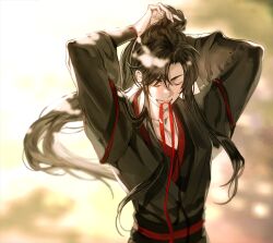 1boy adjusting_hair ahoge arms_up bishounen black_hair black_hanfu blurry blurry_background chinese_clothes closed_eyes grin hair_ribbon hanfu kdzjenwmeifahyi long_hair long_sleeves male_focus modao_zushi mouth_hold non-web_source ponytail red_ribbon ribbon ribbon_in_mouth sidelocks smile solo tying_hair upper_body very_long_hair wei_wuxian